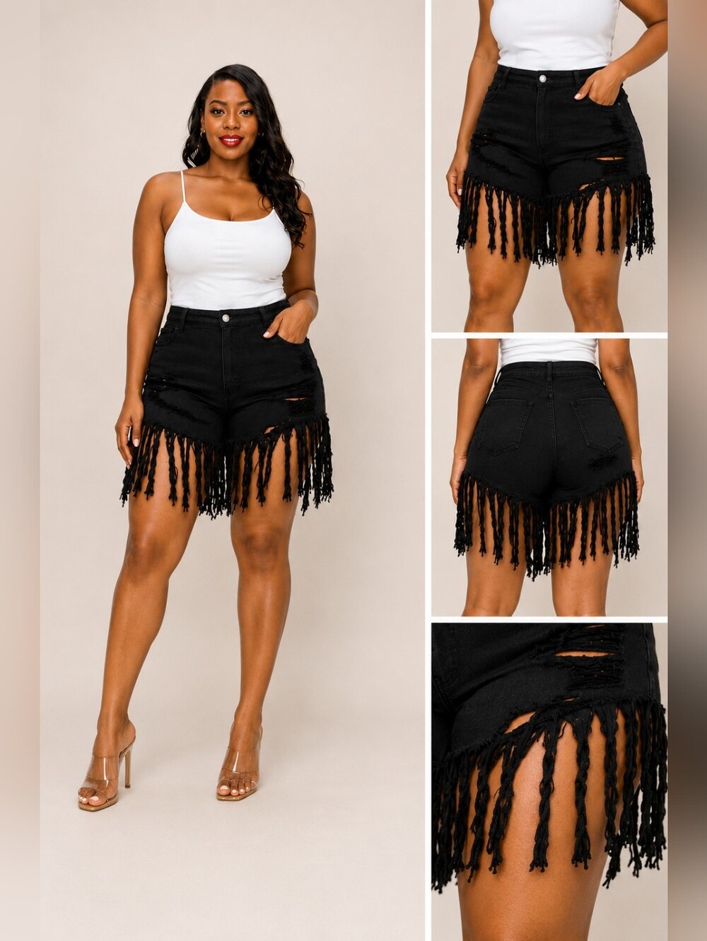 M.A.P |Distressed Black Tassel High-Waist Jean Shorts | Boho Fringe Denim Shorts
